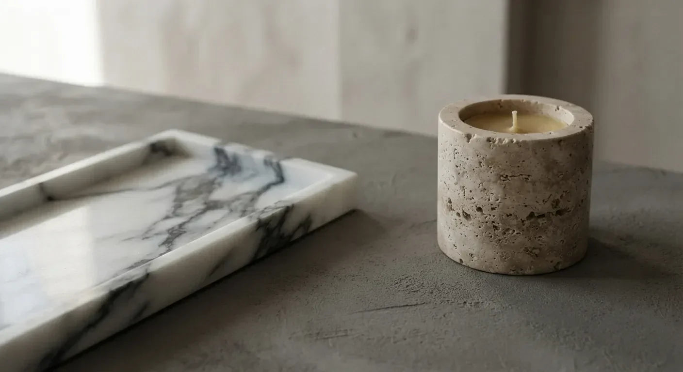 Marble tray and travertine candle holder side by side