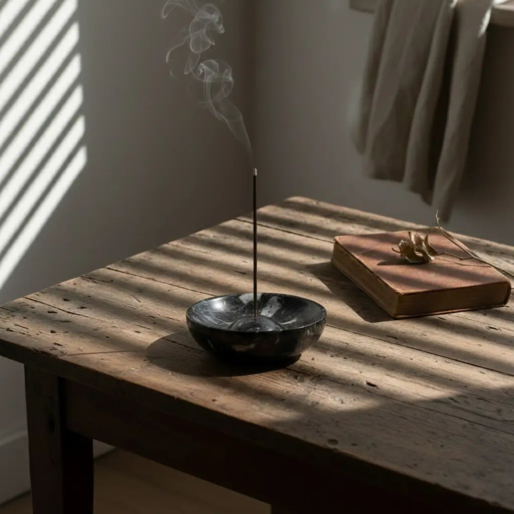 Stone incense holder with burning incense stick on a wooden table in natural light