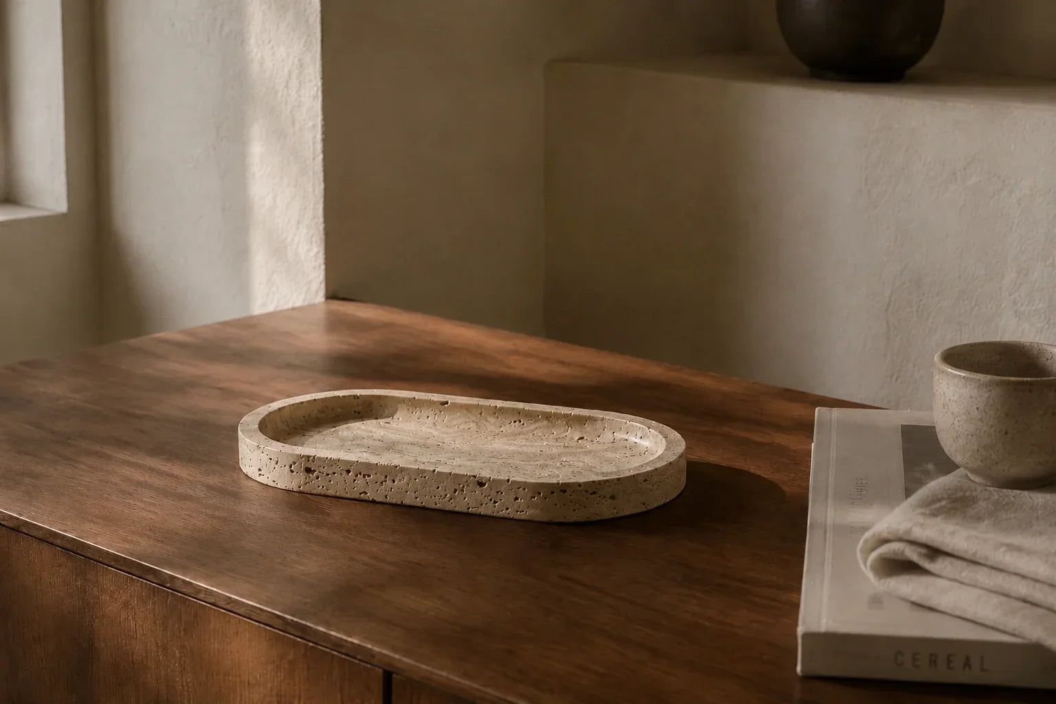 Natural stone objects in a warm, lived-in interior