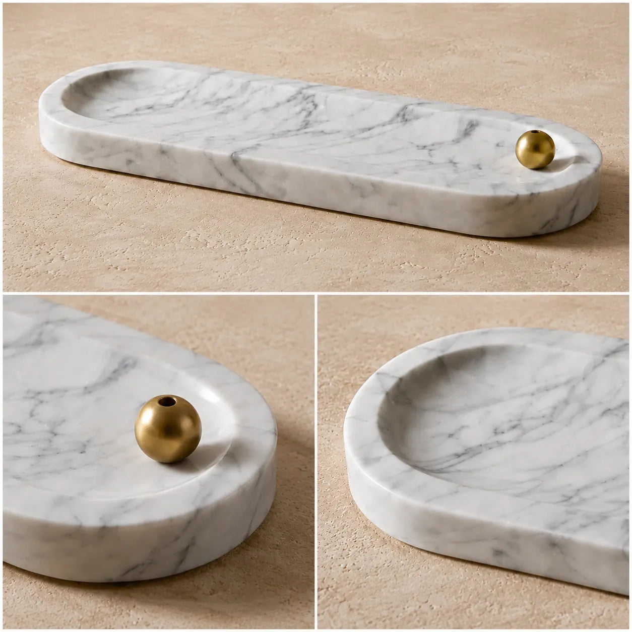 White marble incense tray with brass ball holder – multi-angle detail showing profile, brass insert and carved ash recess