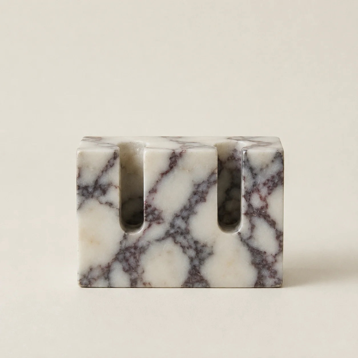 Double Slot Candle Holder in Calacatta Viola Marble, front view without candles — Verdora