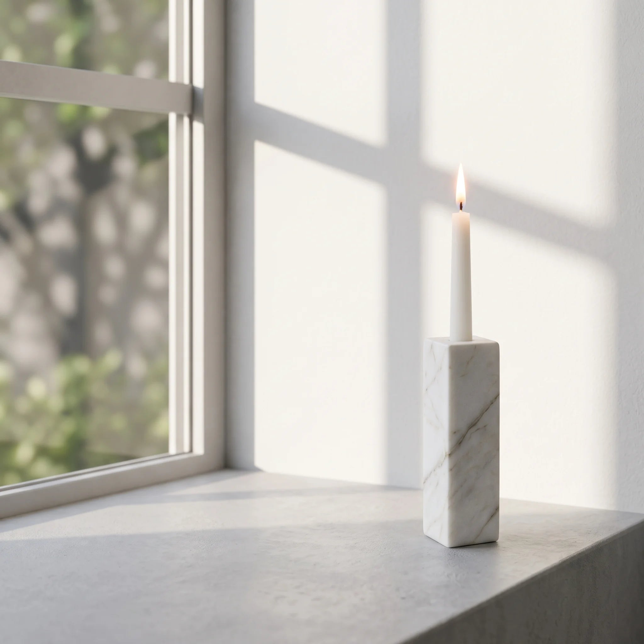 Monolith Candle Holder in White Marble on a windowsill with natural light and a lit taper candle