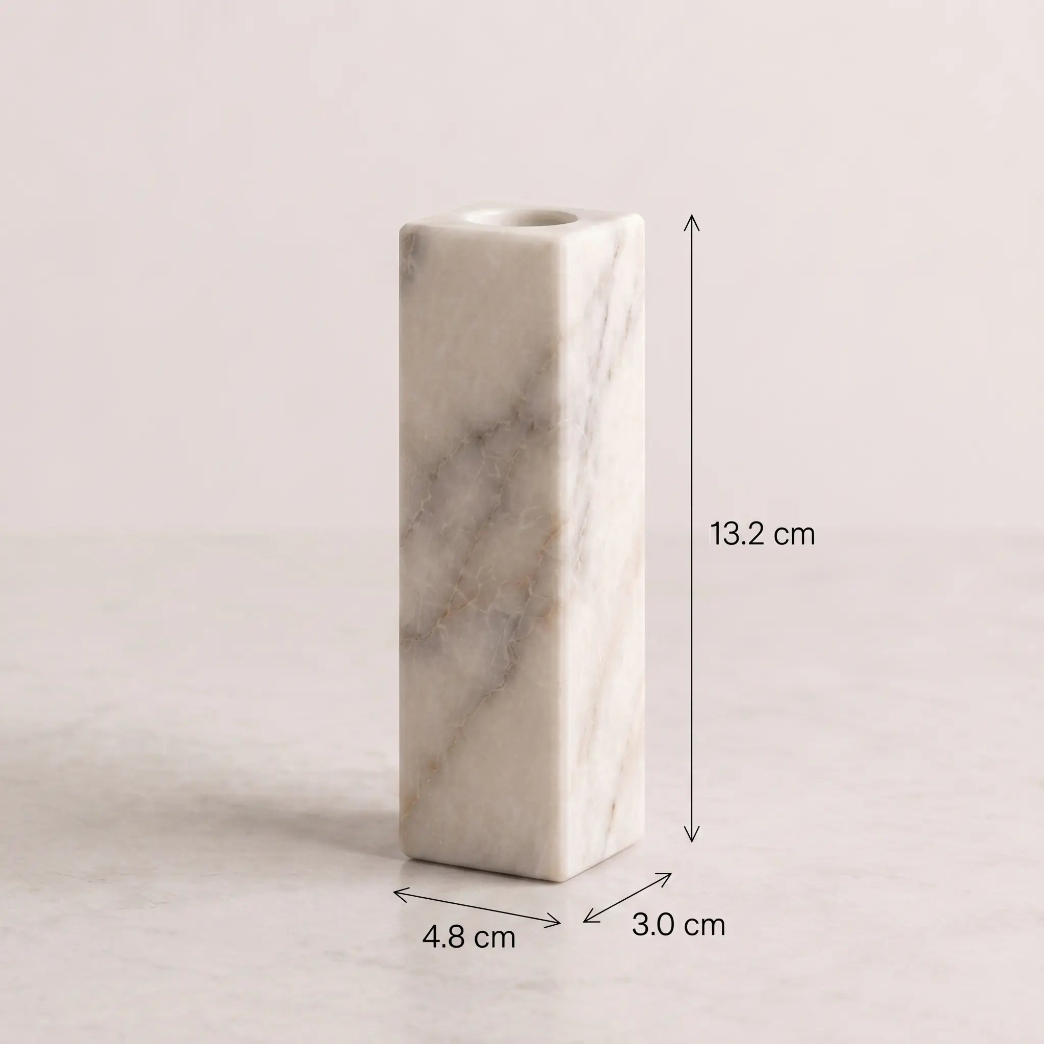 Monolith Candle Holder dimensions — 13.2 × 4.8 × 3.0 cm, shown in White Marble