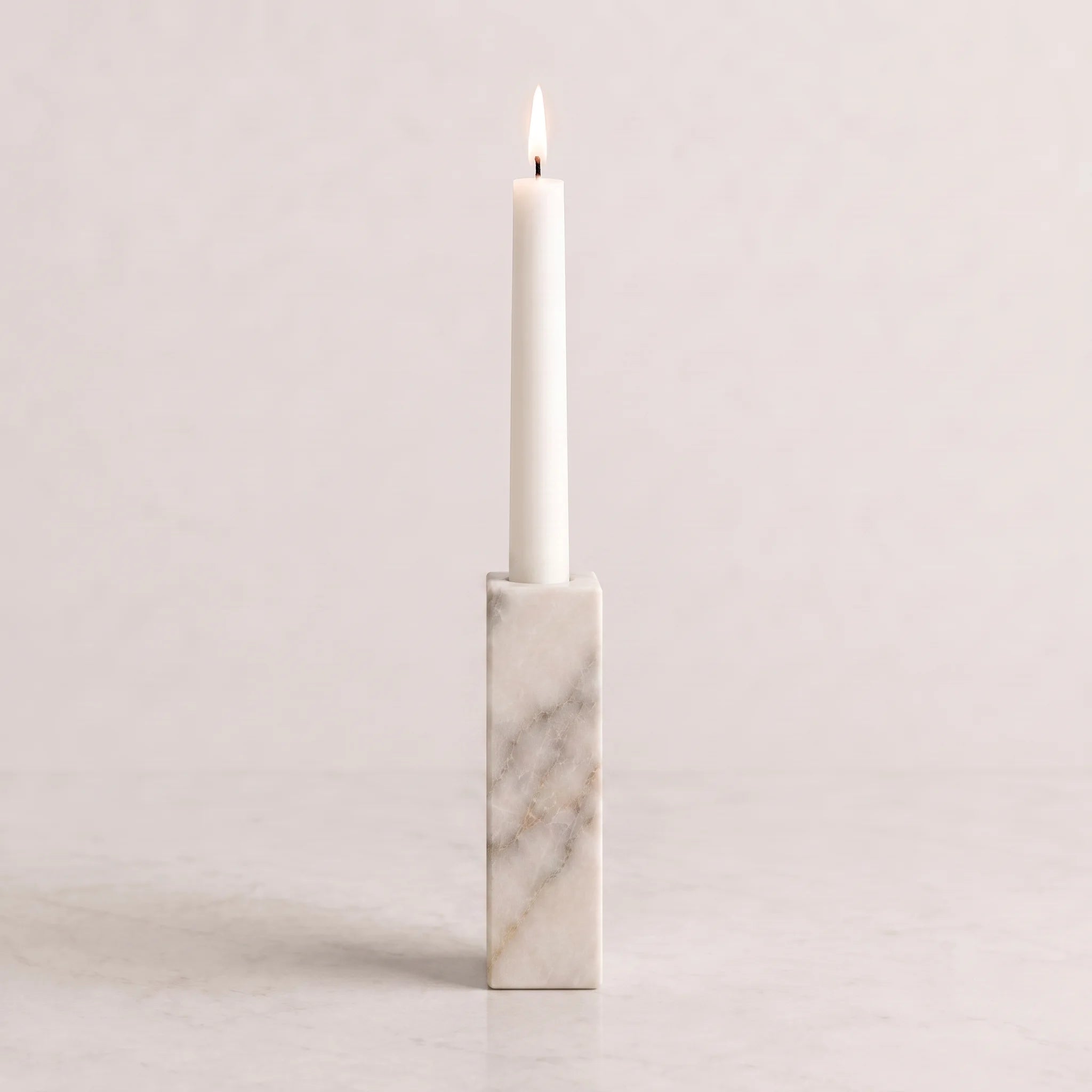 Monolith Candle Holder in White Marble — hand-polished natural stone taper candle holder