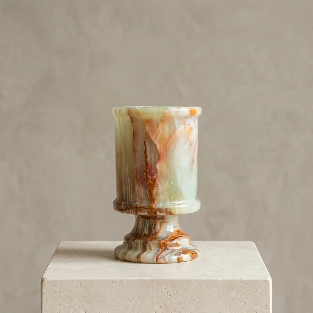 Translucent amber and green natural agate pedestal candle holder, luxury spa bathroom sanctuary decor, minimalist dining tablescape stone centerpiece, 888g solid onyx candlestick.