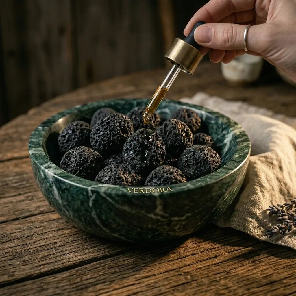Close-up of a hand using an essential oil dropper to add fragrance to black lava stones inside a polished green marble bowl.