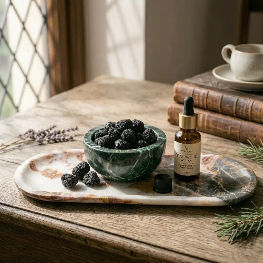 Green marble incense and diffuser set featuring a marble bowl with lava stones and an essential oil dropper on a matching marble tray.