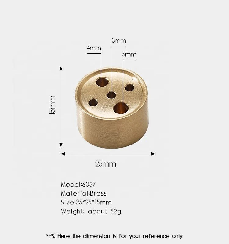 Dimensions guide for brass incense holder showing 25mm diameter and holes for 3mm, 4mm, and 5mm incense sticks.