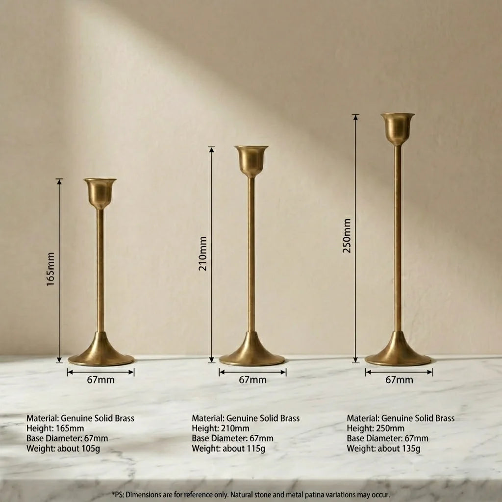 Brass Monolith Trio dimensions guide showing heights of 160mm, 210mm, and 260mm for the three candlestick holders.