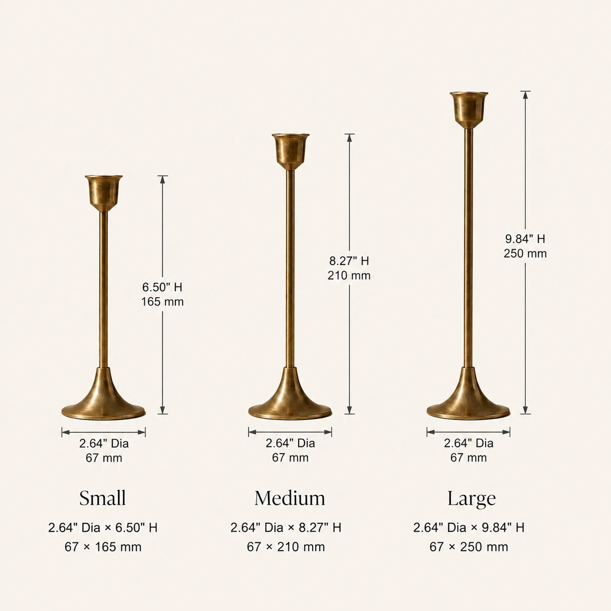 Size chart for brass taper candle holders in small, medium, and large