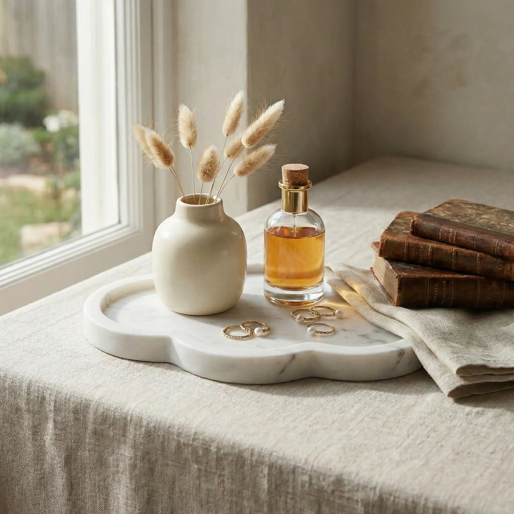 Calacatta White Cloud Tray displayed in a bright sunlit room with perfume, vintage books, and floral decor.