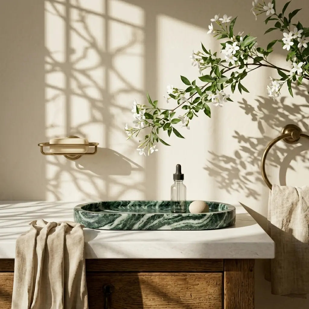 Emerald Plateau Stage used as a premium vanity tray for skincare and bathroom accessories in a sunlit setting.