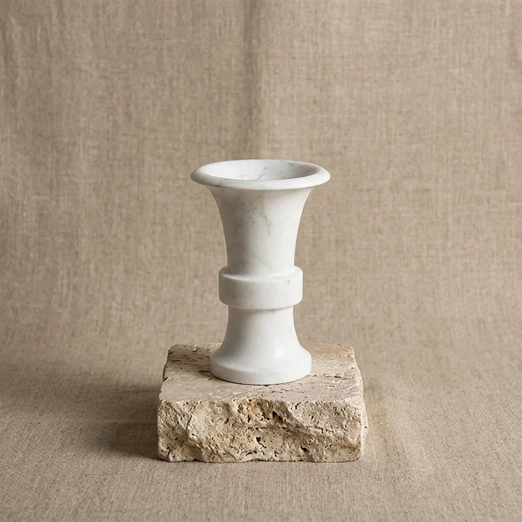 Floral Monolith Pillar 100% natural white marble stone pedestal candle holder