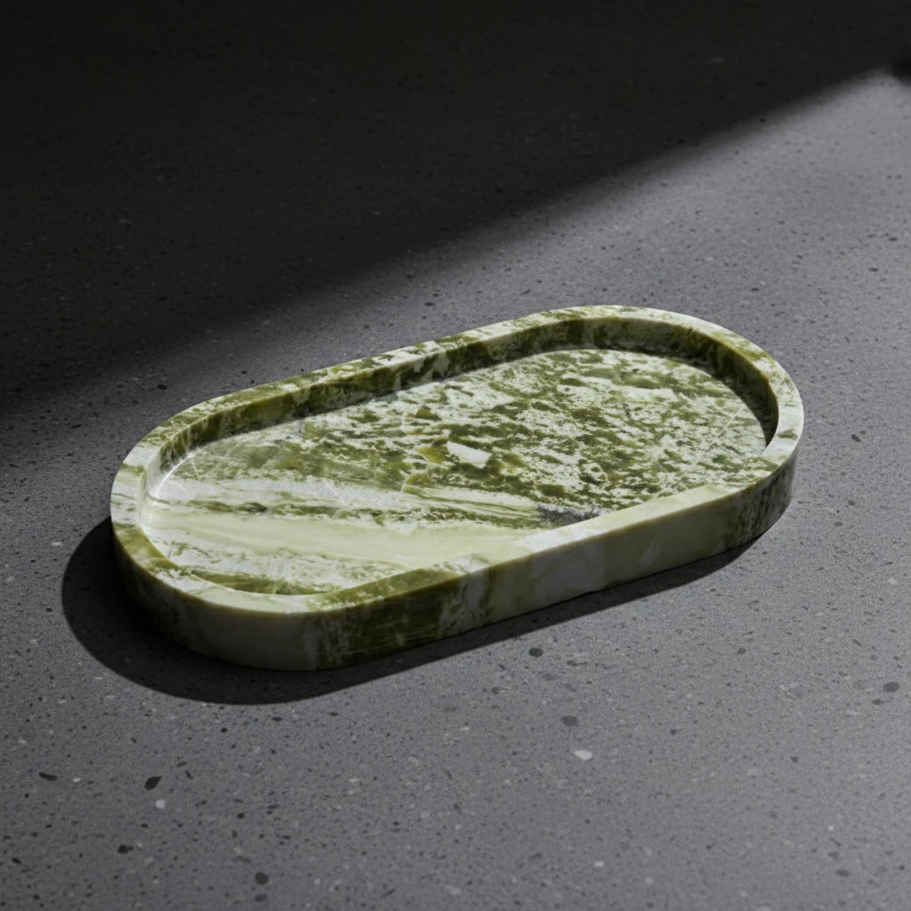 Forest Green Oval Platter 100% natural green marble stone tray with unique white veins
