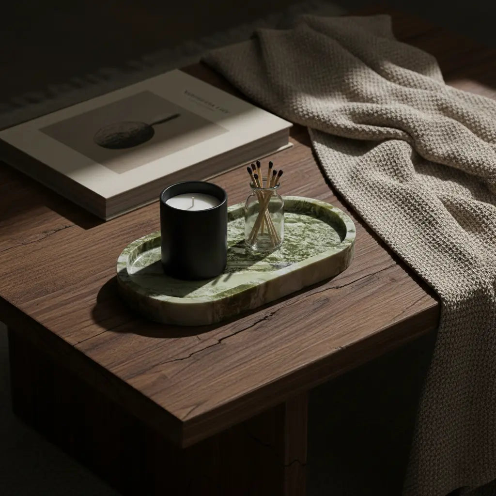 Forest Green Oval Platter on a dark wood table with a candle as a minimalist home accent