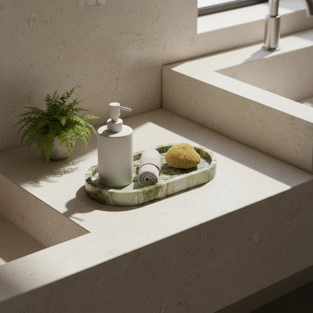Forest Green Oval Platter used as a luxury stone vanity tray for soap and bathroom accessories