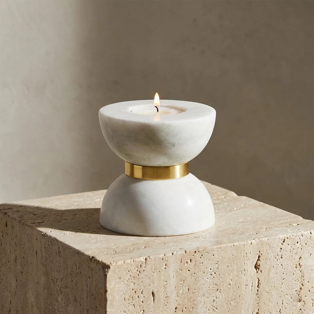 Funnel Monolith Pillar handcrafted white stone candle holder with a central brass accent ring