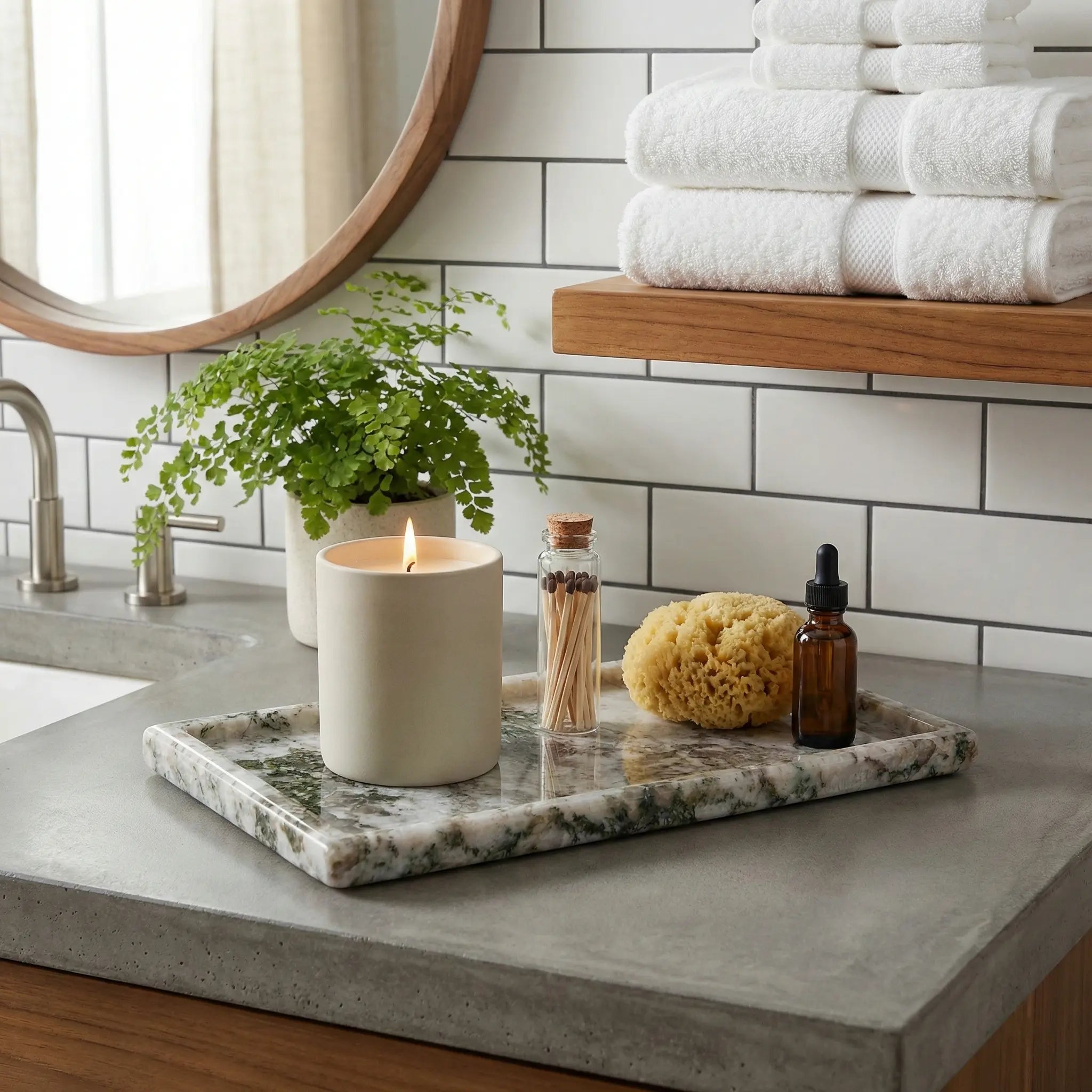 Luxury Marble Oval Tray used as a premium stone vanity organizer for bathroom essentials
