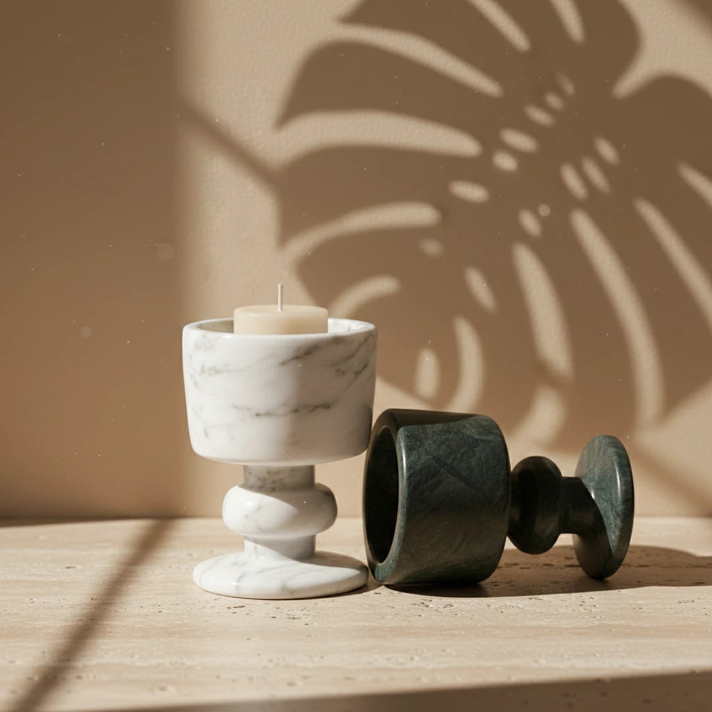 Marble Goblet Holders in white and green natural stones stacked to show sculptural design