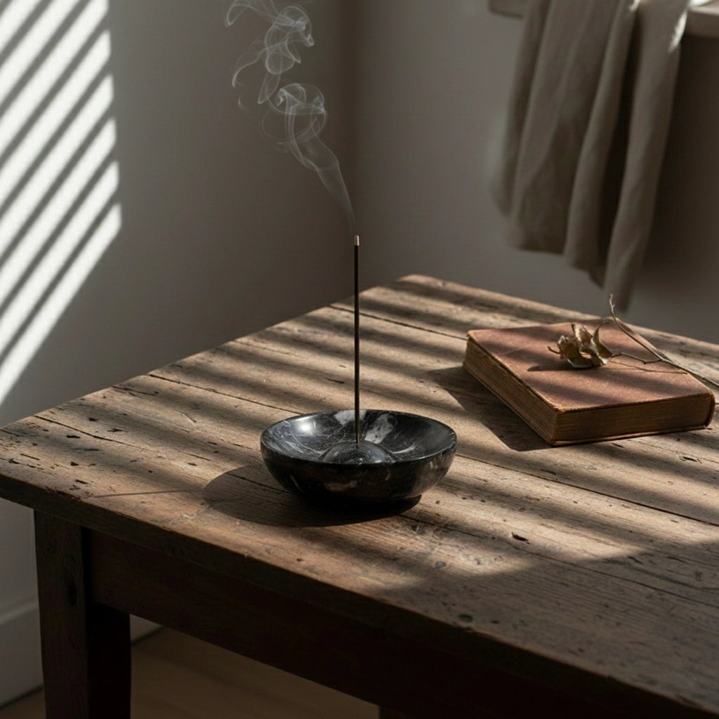 Marble Incense Bowl on a wooden table with dramatic window shadows for a zen meditation scene