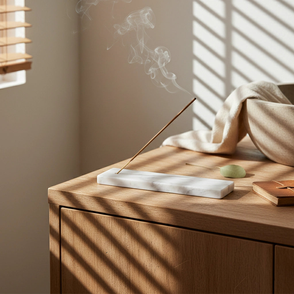 Marble Incense Tray on a wooden chest with elegant window leaf shadows and smoke lifestyle