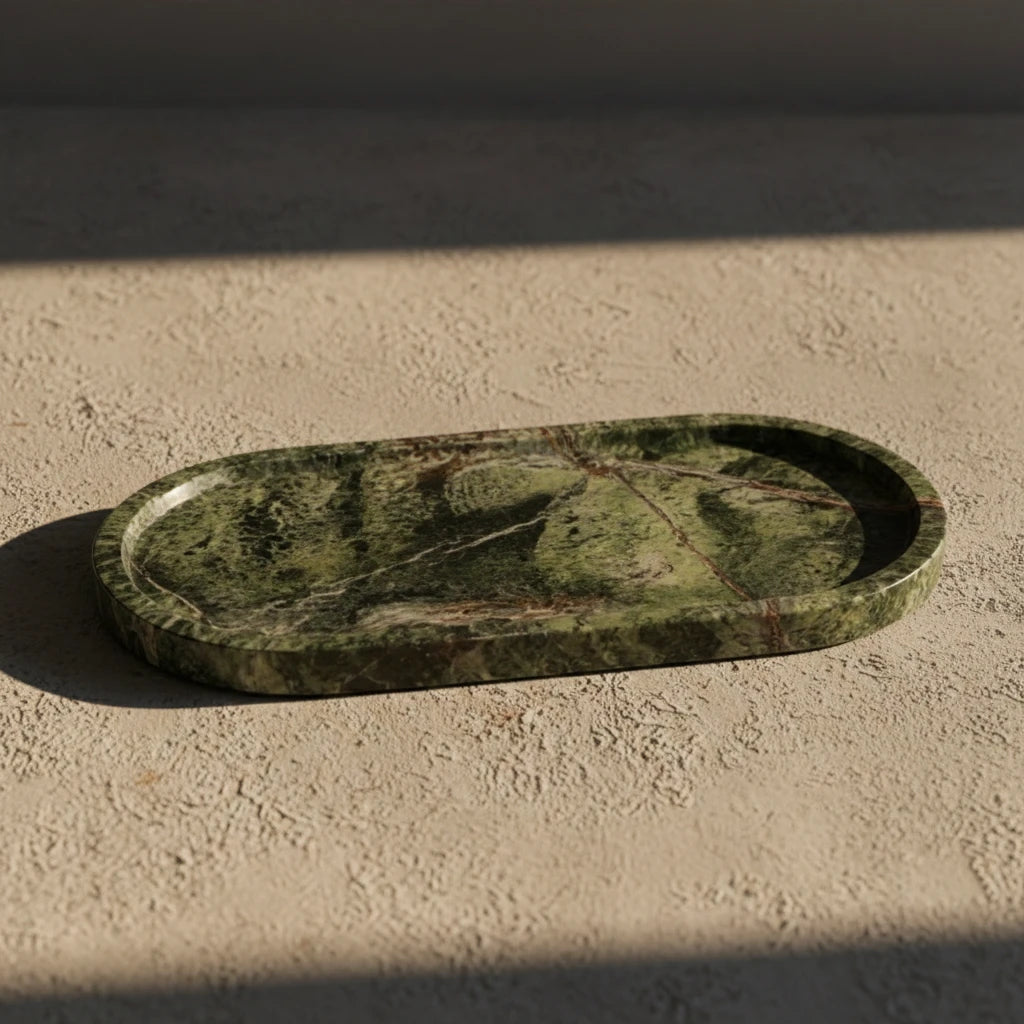 Marble Oval Platter in forest green natural stone with unique dark veining patterns