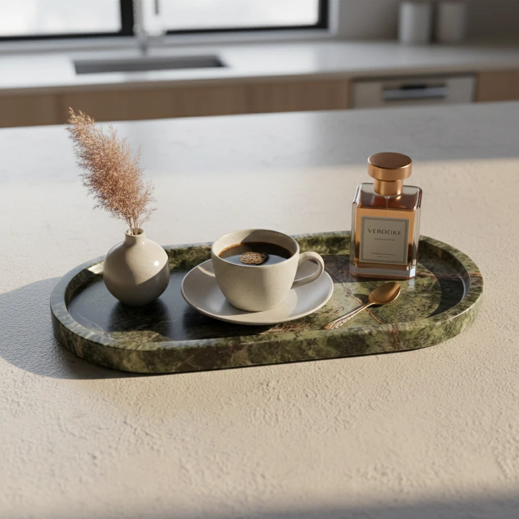 Marble Oval Platter used for serving coffee and perfume in a luxury cafe lifestyle setting