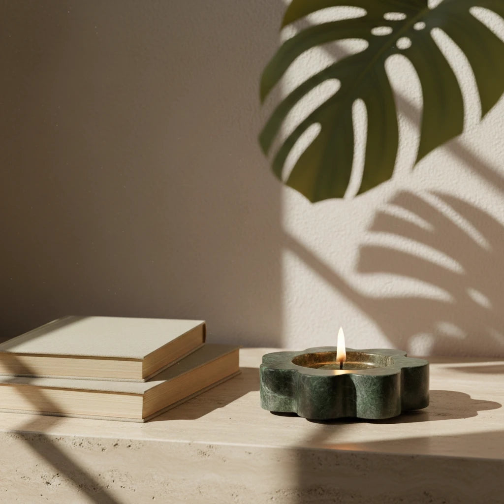 Marble Petal Holder forest green stone candle burner on a minimalist table with lifestyle decor