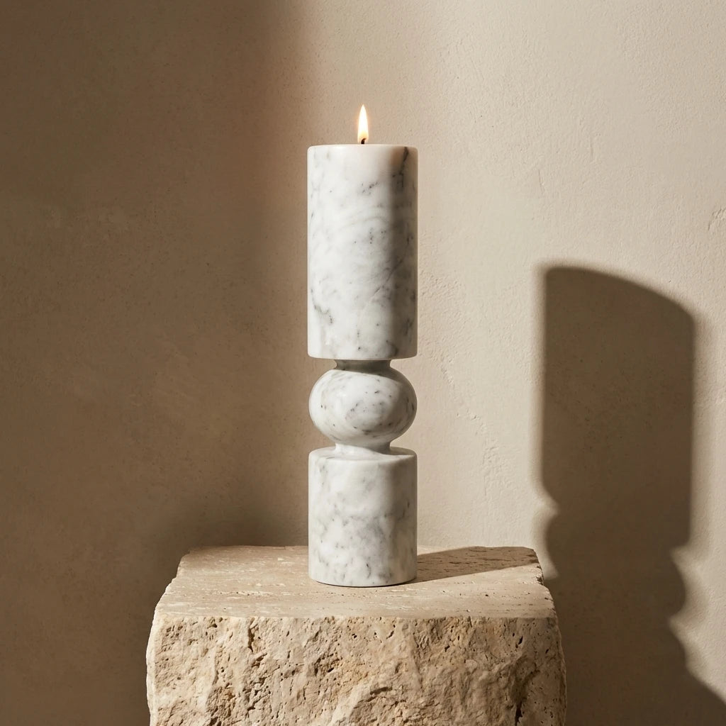 Marble Pillar Holder trio set featuring various sculptural natural stone pedestals