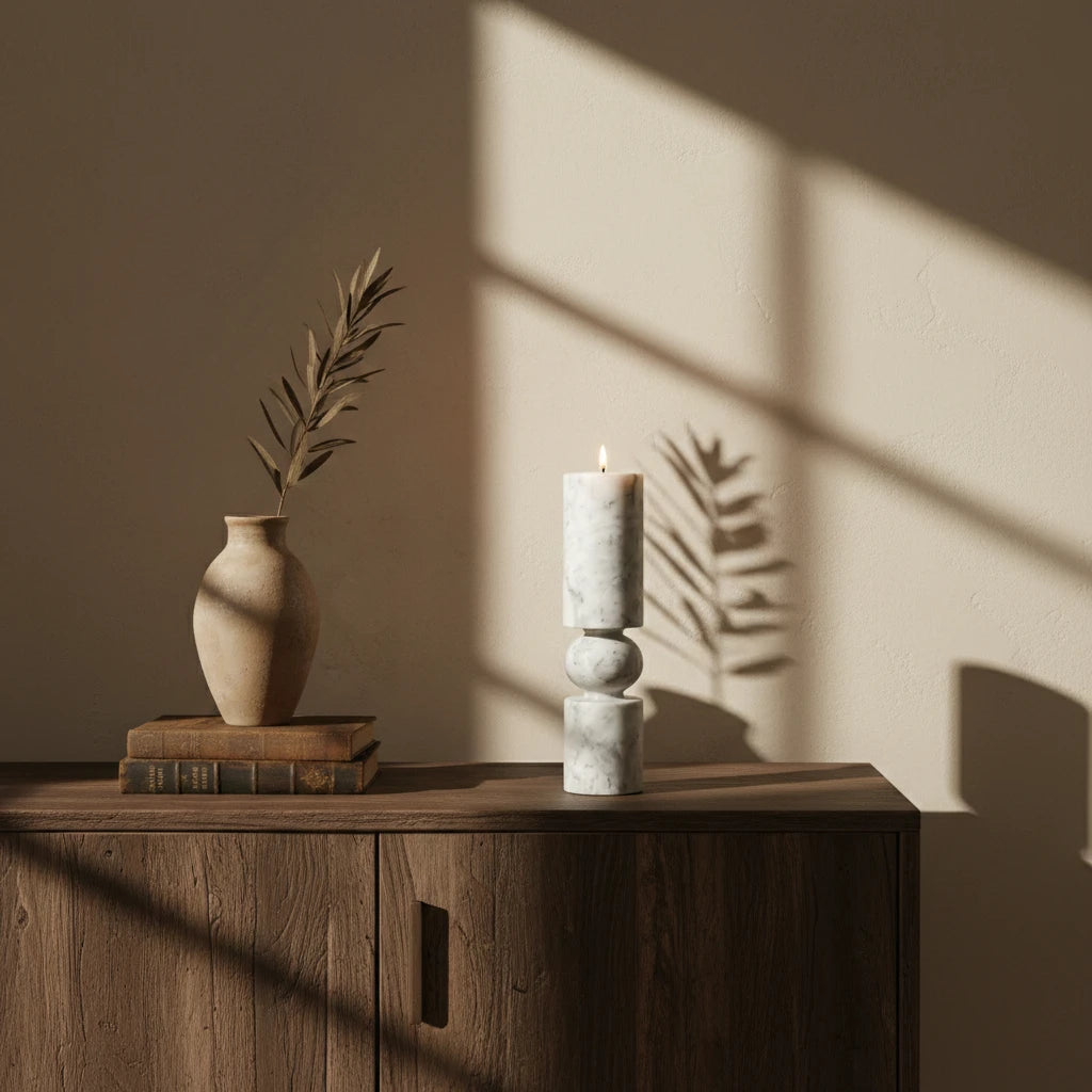 Marble Pillar Holder stone candle pedestal as a sculptural decor accent on a wooden sideboard