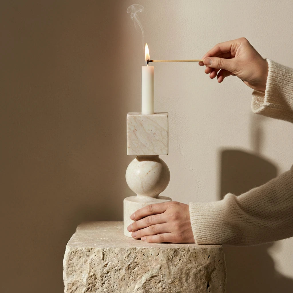 Hand lighting a taper candle in the Marble Totem Holder with geometric stone spheres and cubes