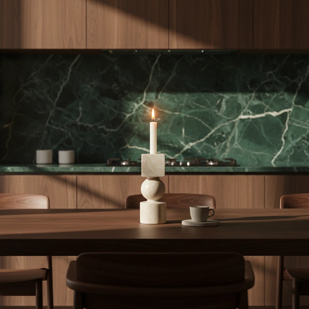 Marble Totem Holder as an artistic stone centerpiece on a dining table with a green marble backdrop