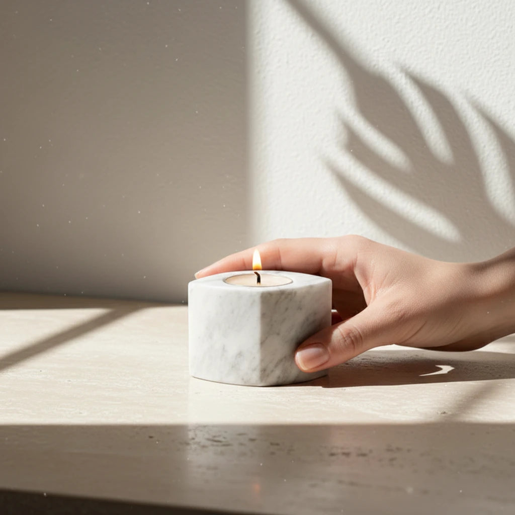 Hand placing a burning candle into the Minimalist Marble Block white stone holder