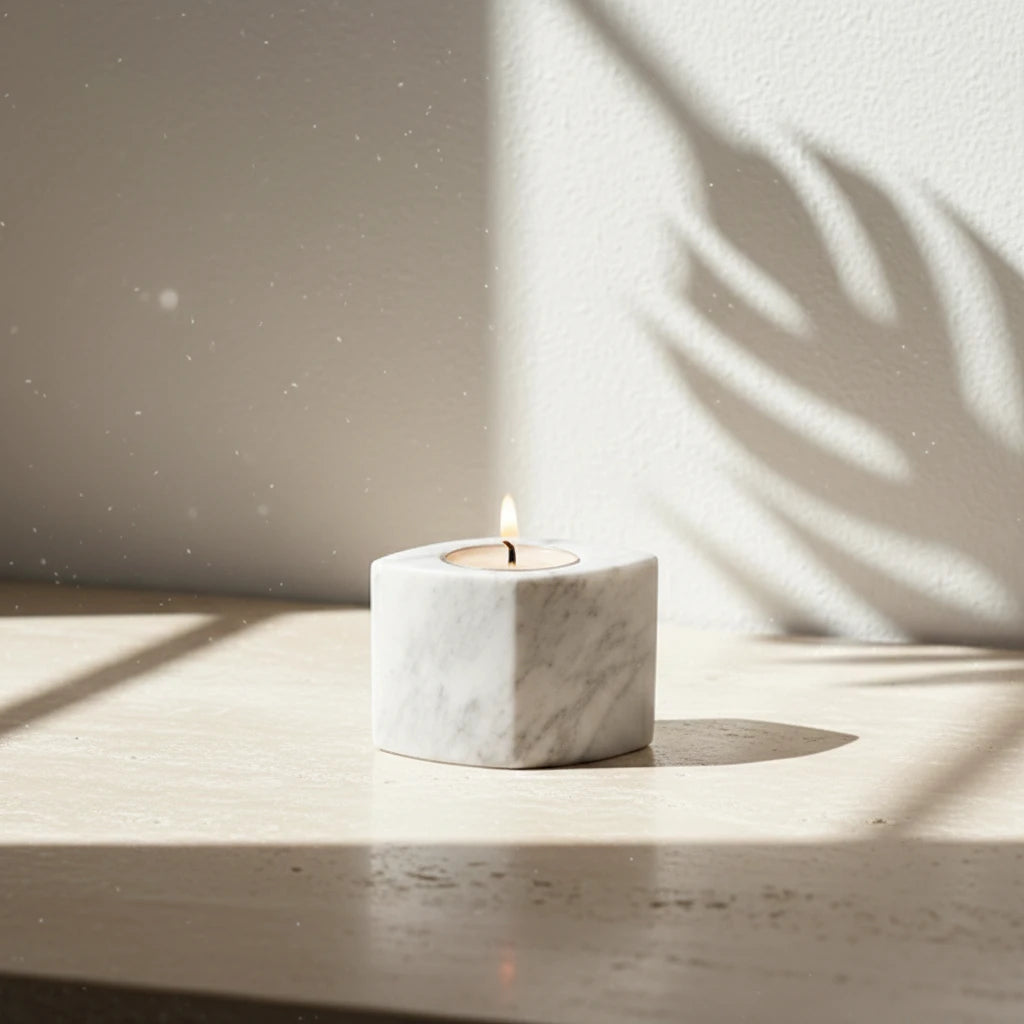 Minimalist Marble Block white stone candle holder in bright natural sunlight with plant shadows