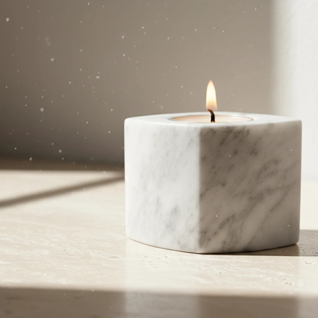 Minimalist Marble Block handcrafted natural stone taper candle holder with a burning flame