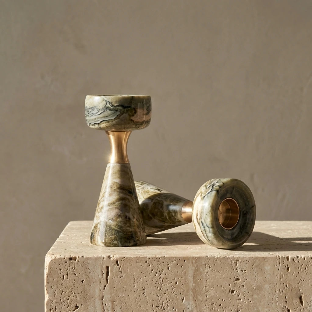 Morandi Monolith Pillar set in forest green marble stone with elegant hourglass design