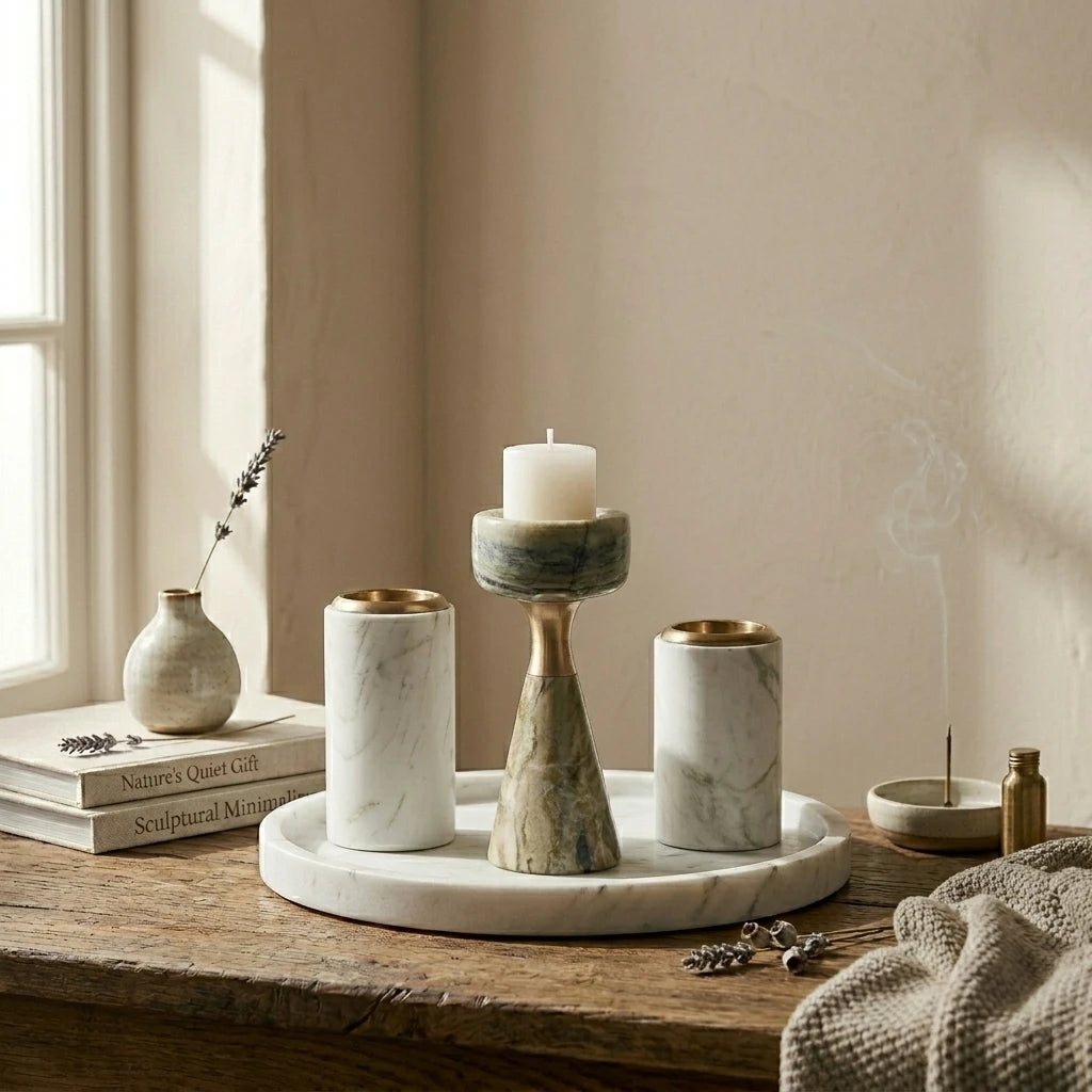 Morandi Monolith Pillar green stone holder arranged with marble taper holders on a rustic table
