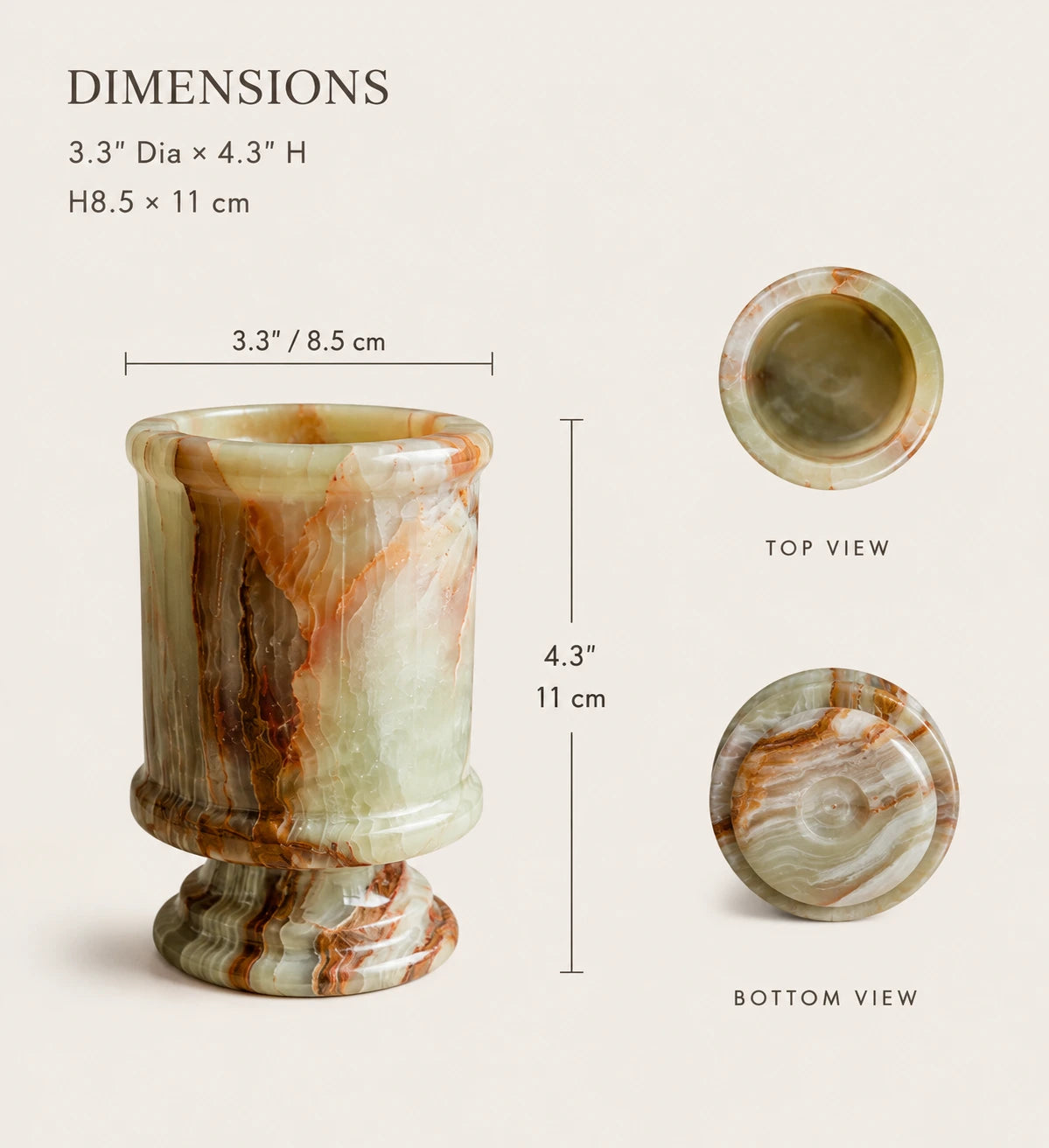 Dimensions of a natural onyx candle holder showing the 3.3 inch diameter and 4.3 inch height measurements with its sculptural cylindrical form and layered mineral stone pattern.