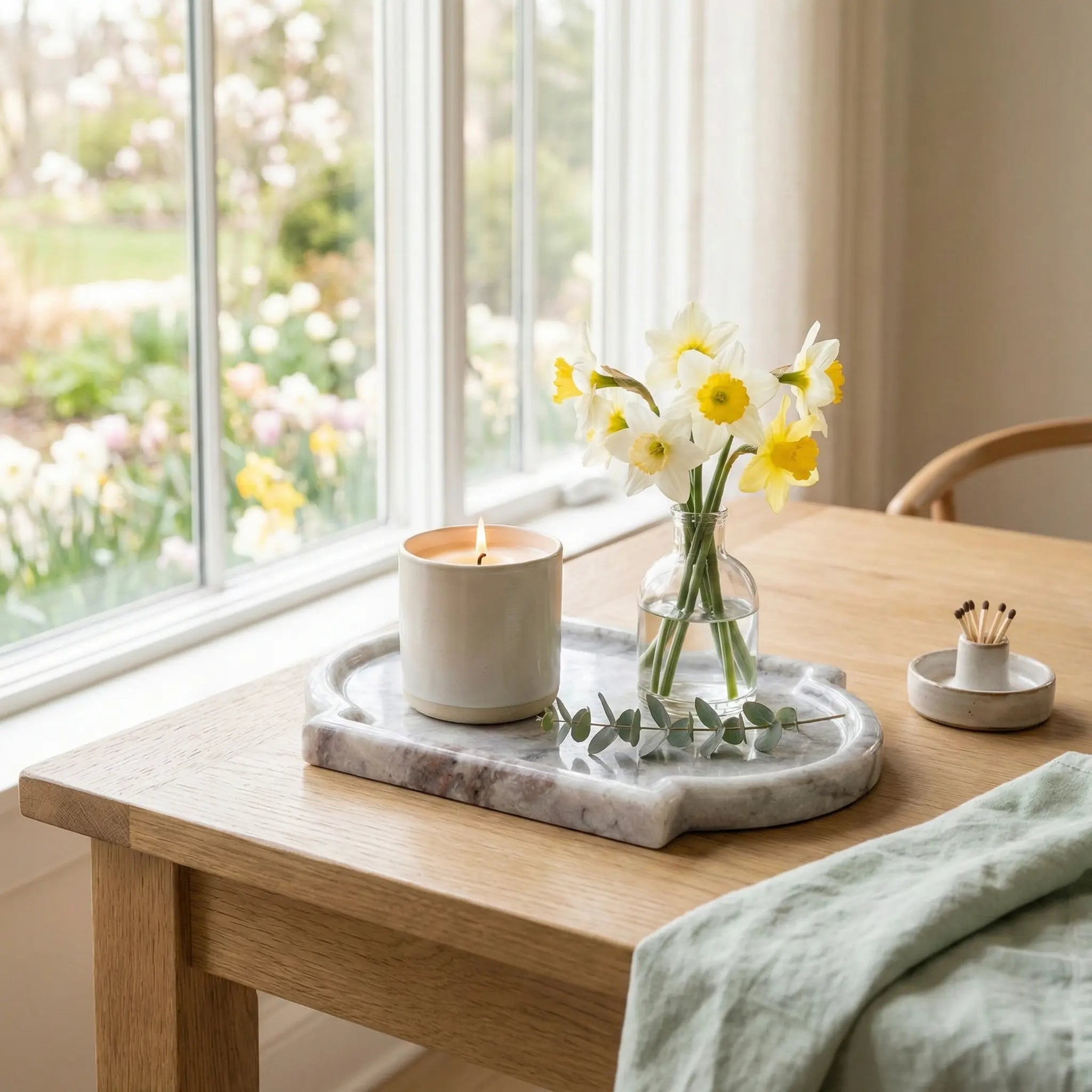 Nordic Marble Platter with a candle and flowers as a minimalist wooden table centerpiece