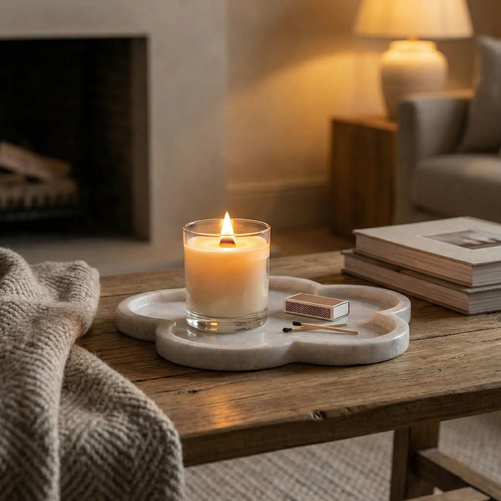 Petal Marble Platter with a candle and matches as a floral-inspired stone decor centerpiece