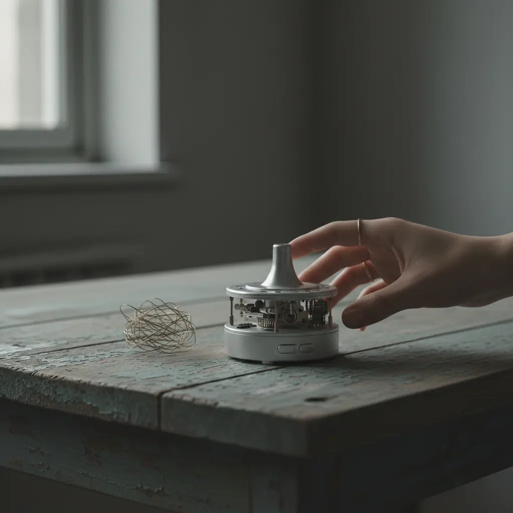 Hand reaching toward an incense bowl on a quiet stone tabletop