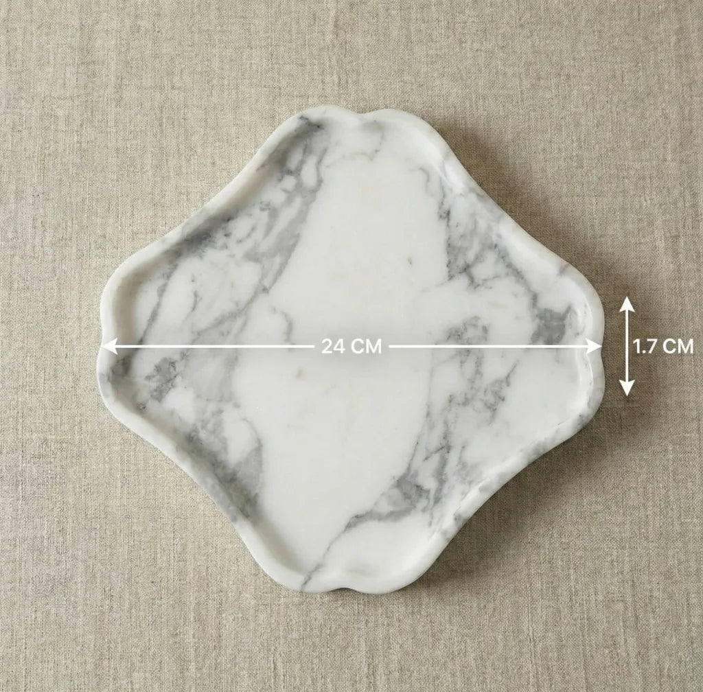 Scalloped Marble Gallery Tray with precise length and height dimensions guide