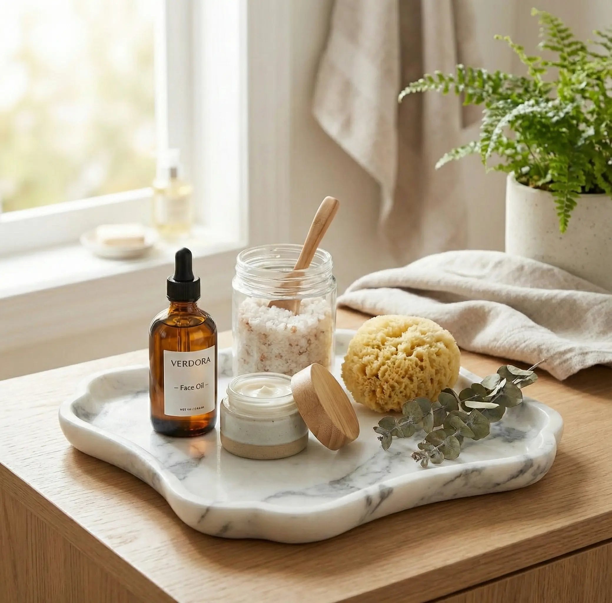 Scalloped Marble Gallery Tray used as a luxury sink-side organizer for skincare and sponges