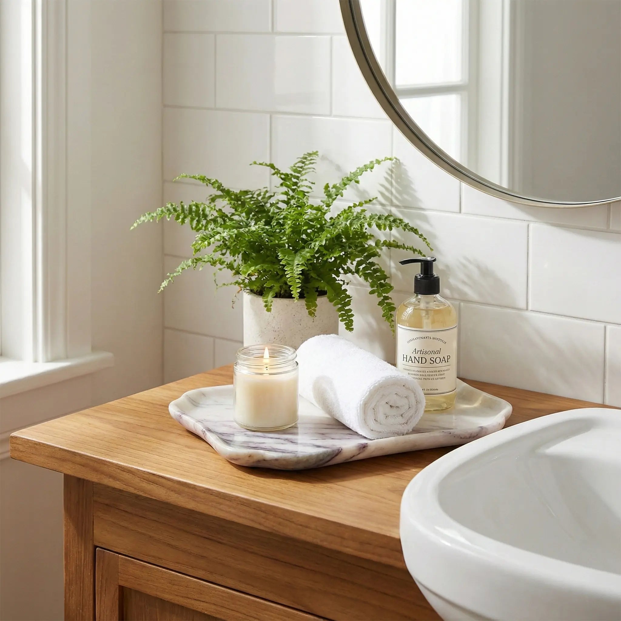 Scalloped Rectangular Marble Platter used as a luxury vanity tray for bathroom essentials