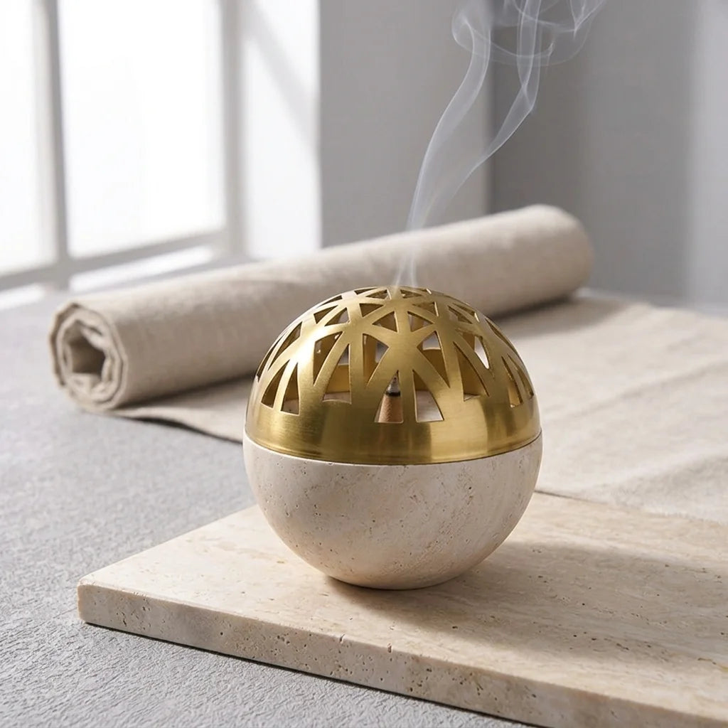 Spherical Core Censer 100% natural stone incense burner with brass lid and smoke