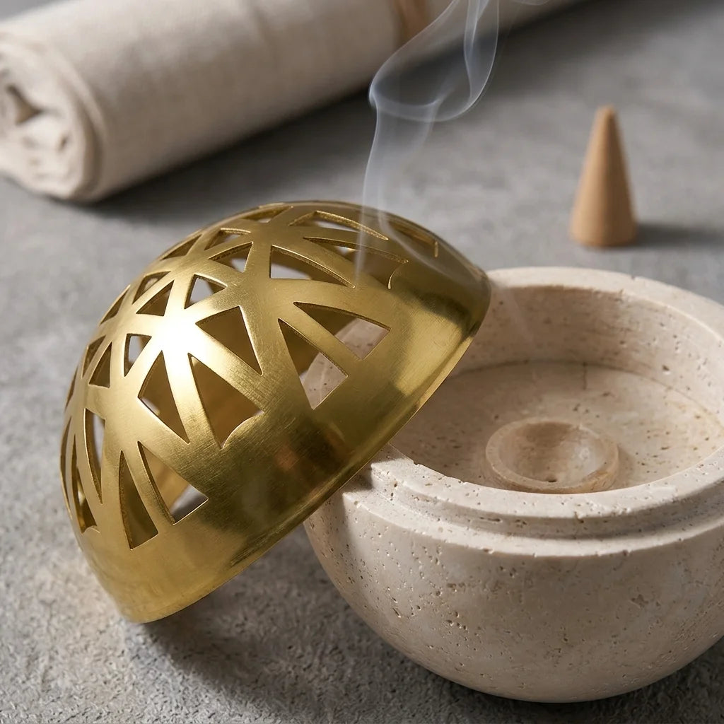 Internal detail of Spherical Core Censer showing stone base and hollow brass lid for incense