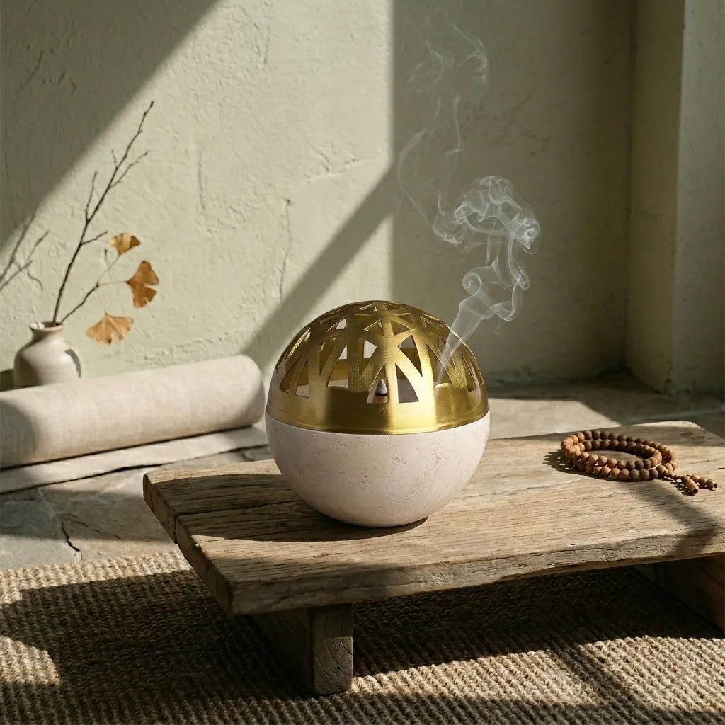 Spherical Core Censer stone burner in a zen decor lifestyle setting with ambient lighting