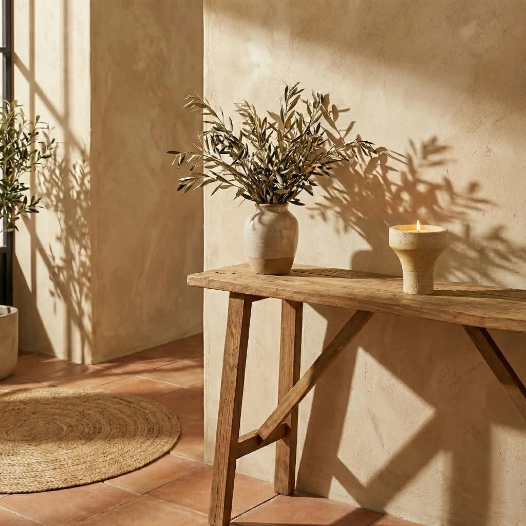 Travertine Chalice Holder on a rustic wooden console table in a sunny outdoor lifestyle setting.