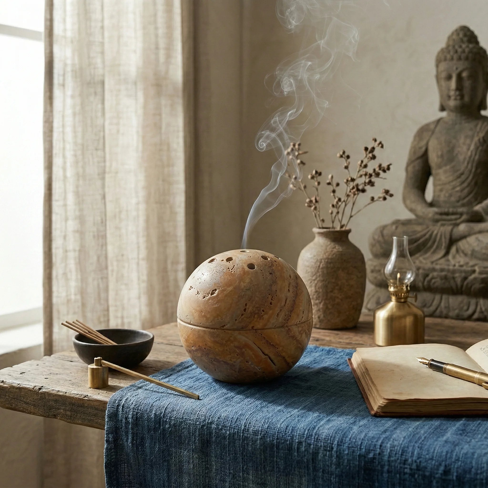 Spherical travertine stone vessel on a blue textile with incense smoke and Buddha statue