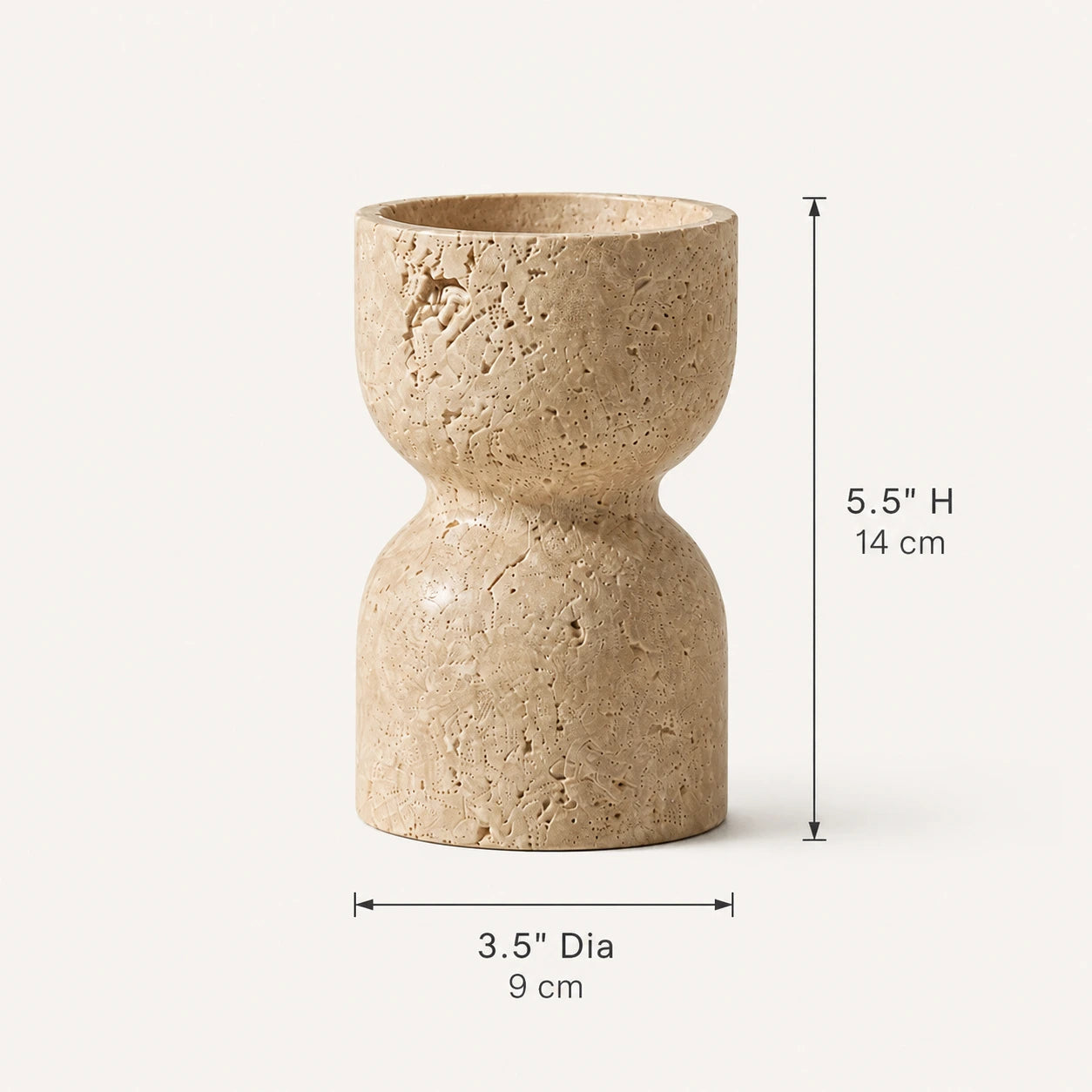 Travertine hourglass candle holder dimensions, 9 cm diameter × 14 cm high